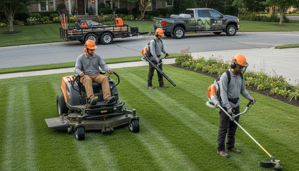 Tree service crew providing lawn care in Burlington, NC for healthy turf and property maintenance