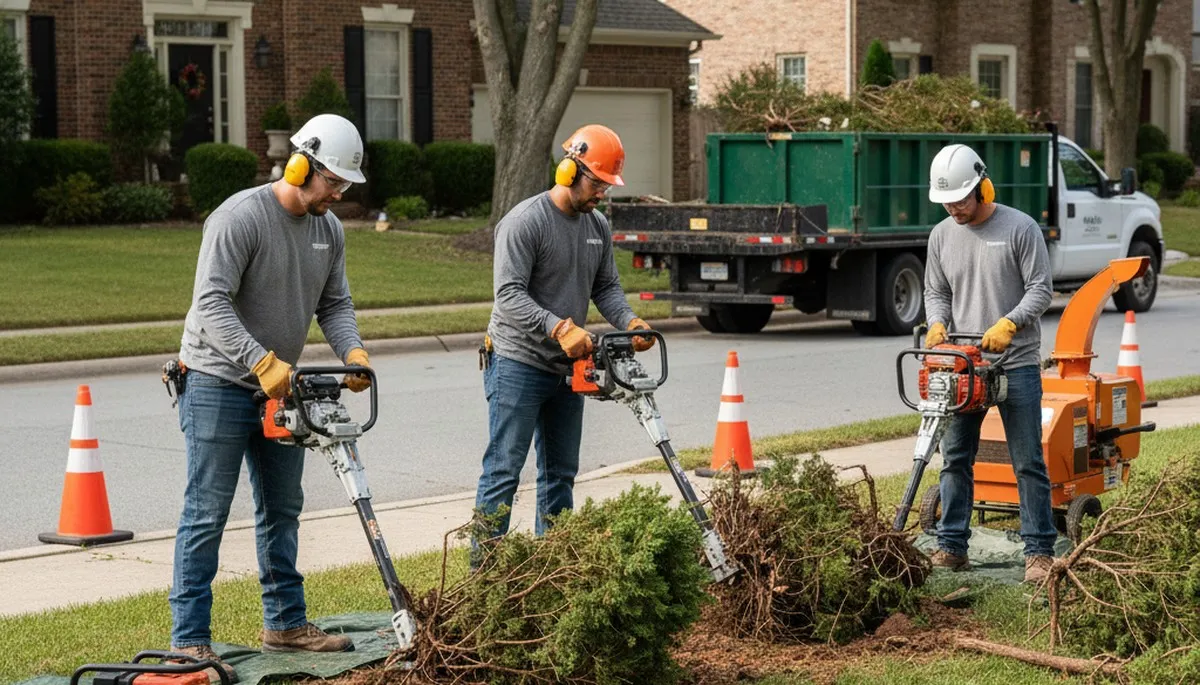 Shrub removal crew clears overgrown shrubs in Burlington, NC for a residential property