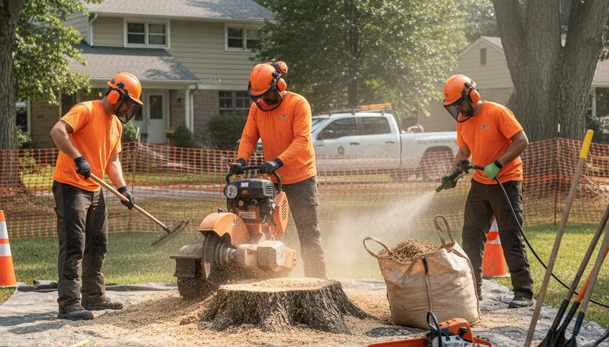 Stump removal service in Burlington, NC clearing a yard with professional tree care equipment