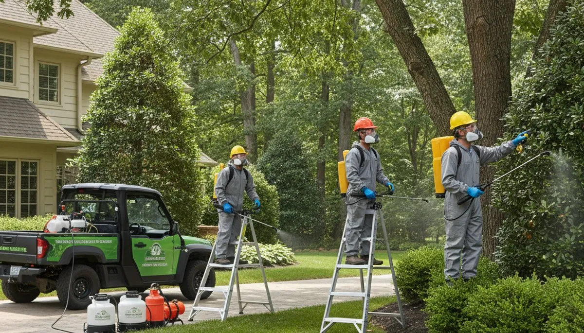 Tick control service technician treating yard in Burlington, NC for tree service customers