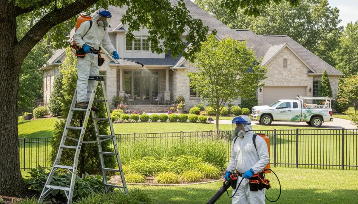 Tree service technician providing tick control treatment in Burlington, NC to protect yards and families