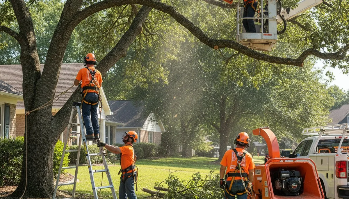 Tree service crew trimming trees in Burlington, NC for safer, healthier property care